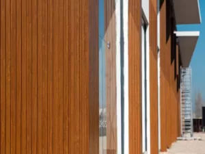 the shopping mall with its facade covered with wood patterned pvc panels